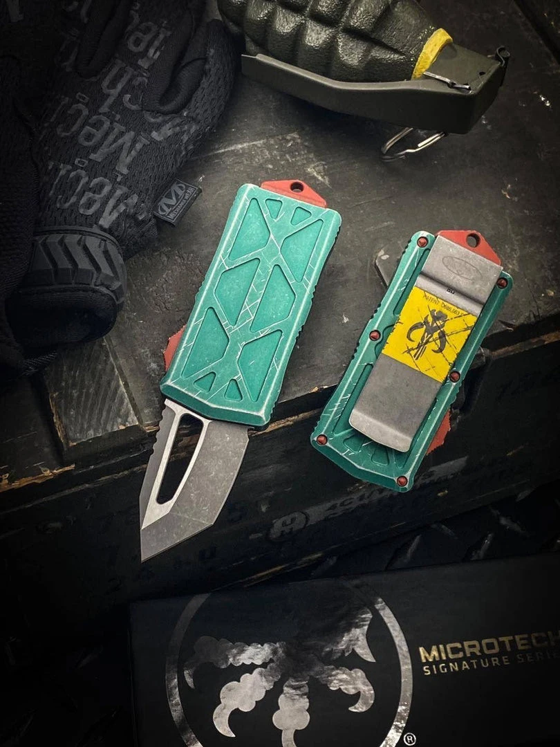 Microtech Exocet Bounty Hunter OTF AUTO Knife 1.98" Apocalyptic Tanto Blade, Green Apoc 6 Microtech Exocet Bounty Hunter OTF AUTO Knife 1.98" Apocalyptic Tanto Blade, Green Apoc