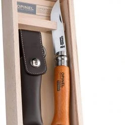 Opinel No.8 Carbon Knife With Sheath, Wooden Slide Gift Box (France)