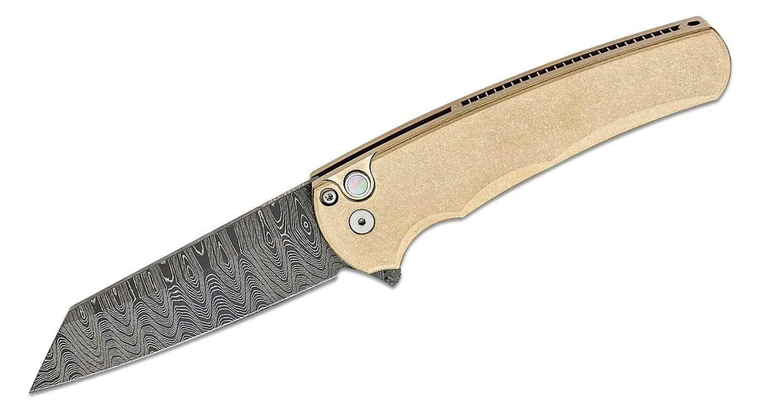 PROTECH KNIVES All Knife Brands Pro-Tech Limited Edition Malibu Flipper Damascus Reverse Tanto Blade, Bronze Handles 3 PROTECH KNIVES All Knife Brands Pro-Tech Limited Edition Malibu Flipper Damascus Reverse Tanto Blade, Bronze Handles
